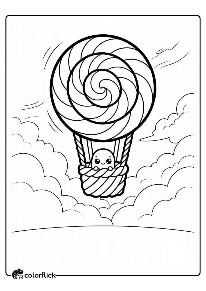 A cheerful little character riding in a hot air balloon made of a swirled candy disc high above the clouds as a printable coloring page for kids.