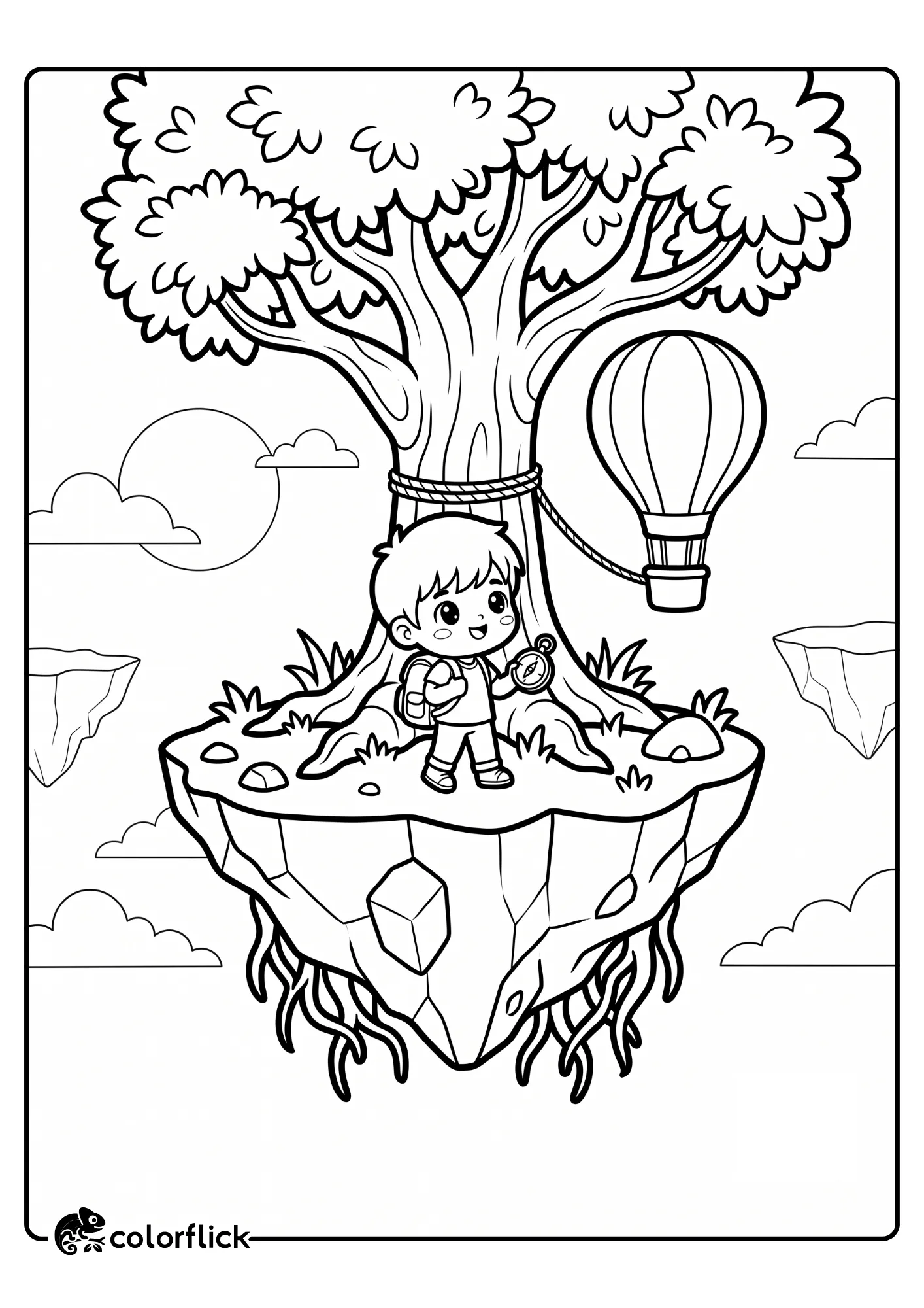 A charming black and white coloring page for kids featuring a little boy with a backpack and compass exploring a magical floating island with a large tree and a hot air balloon, printable coloring page for kids.