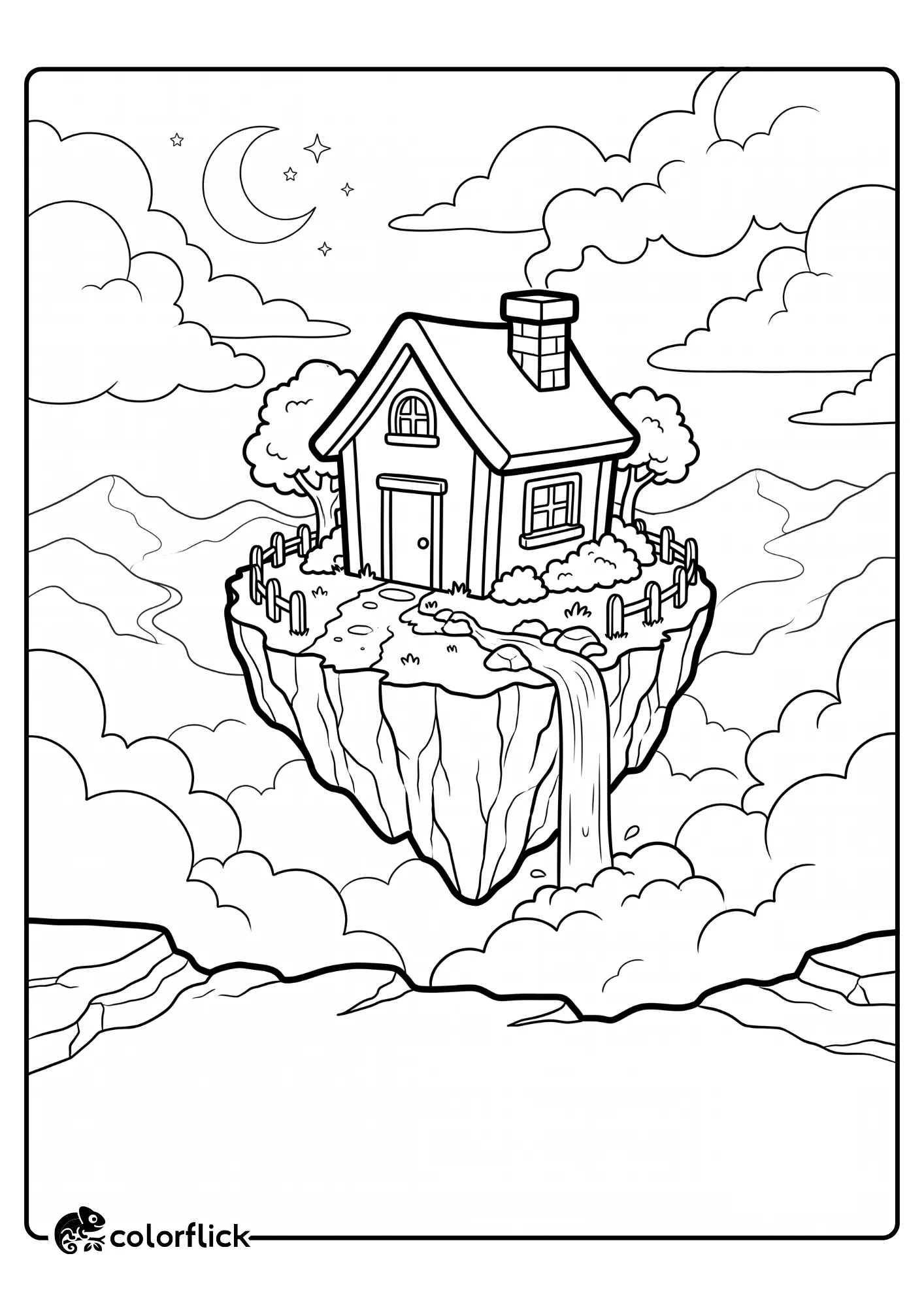 Charming floating house island with waterfall printable coloring page for kids.