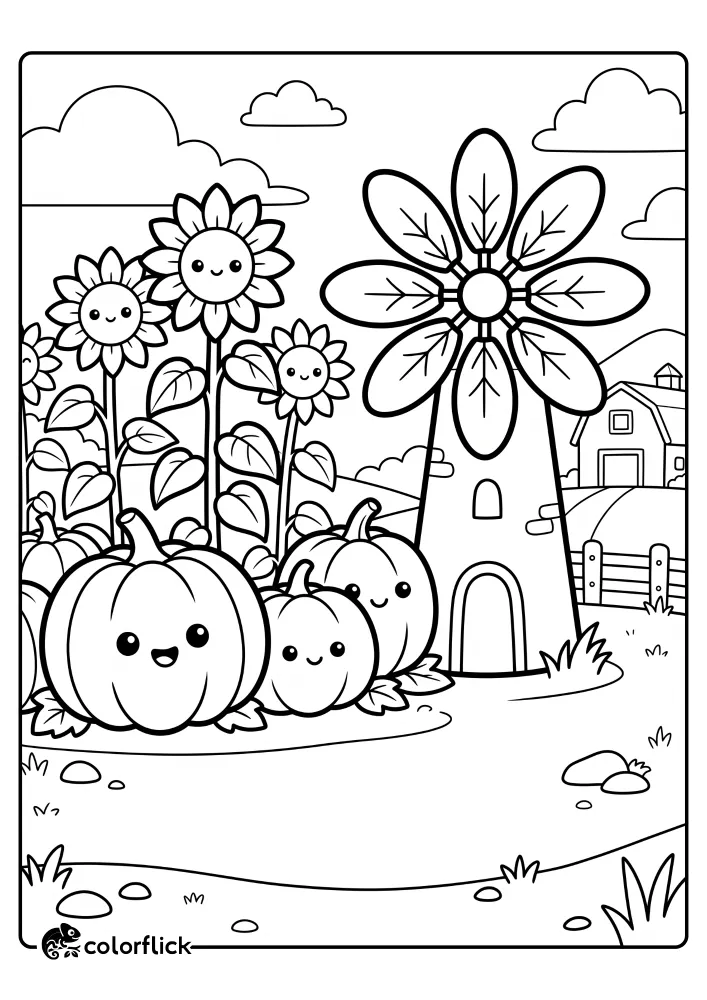 A free printable coloring sheet featuring a cheerful whimsical farm scene with oversized smiling pumpkins, tall happy sunflowers, and a rustic windmill featuring large flower petals instead of traditional blades.