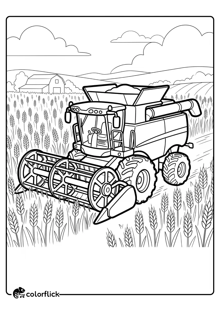 A large combine harvester drives through a field of tall wheat on a farm on this printable coloring page for kids, showing a farmhouse and hills in the background.