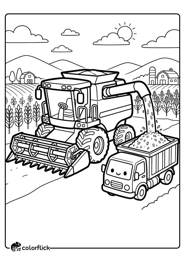 A combine harvester on a farm, extending its auger to pour fresh grain into the cargo bed of a cute dump truck. Detailed line art for a printable coloring page for kids.