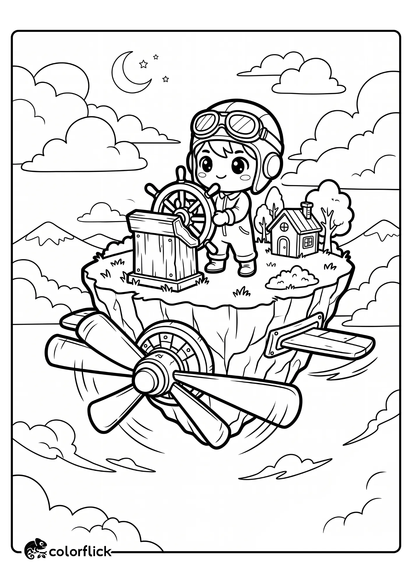 A brave pilot turning a steering wheel on top of a rocky flying island powered by a giant propeller in this free printable coloring sheet.