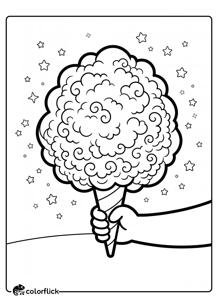 A close-up printable coloring page for kids showing a detailed cotton candy cloud on a paper cone with small floating stars.