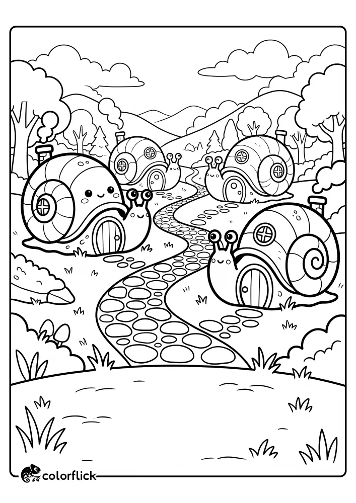 A free printable coloring sheet featuring a magical valley filled with giant friendly snails whose shells have been transformed into cozy cottages with small chimneys, round windows, and wooden doors connected by a cobblestone path.