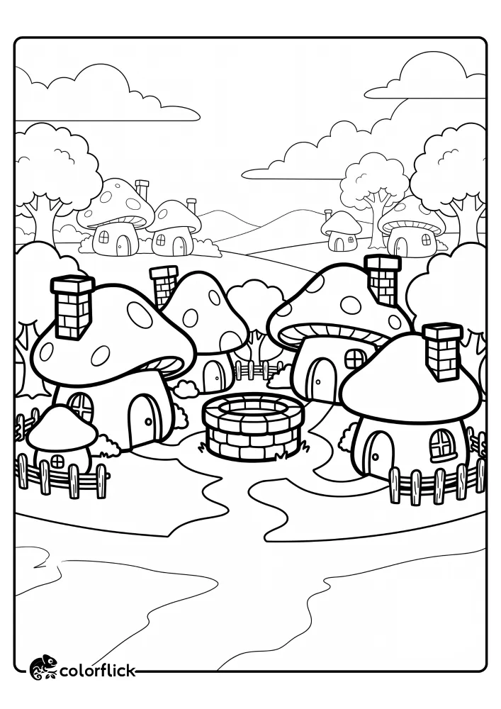 A free printable coloring sheet featuring a peaceful village with adorable mushroom-shaped houses, complete with brick chimneys, twig fences, and a round stone well in the center.