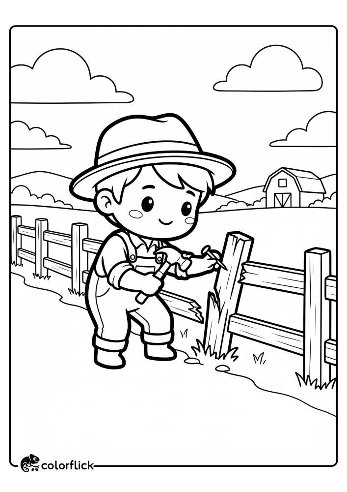 A cute boy farmer in overalls and a hat kneeling to hammer a nail into a broken wooden fence post on a farm field with a distant barn, a printable coloring page for kids.