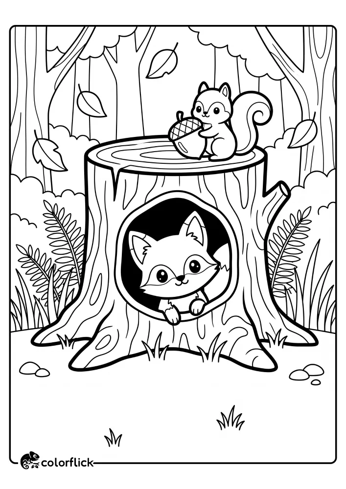A charming printable coloring page for kids, showing a small fox cub peeking from a hollow tree stump and a cheerful squirrel holding an acorn on the top rim, set within a forest background.