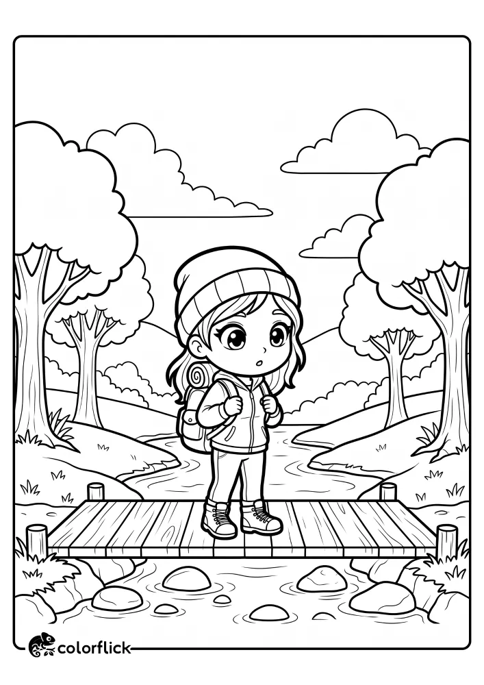 A printable coloring page for kids showing a cute girl wearing a beanie and backpack walking across a small wooden bridge over a stream in a forest.