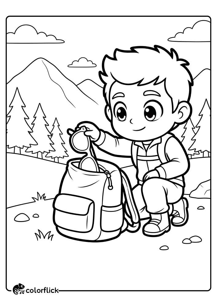 A printable coloring page for kids featuring a cute boy hiker kneeling and carefully placing sunglasses into an open pocket on his large hiking backpack in a mountain and pine tree landscape.