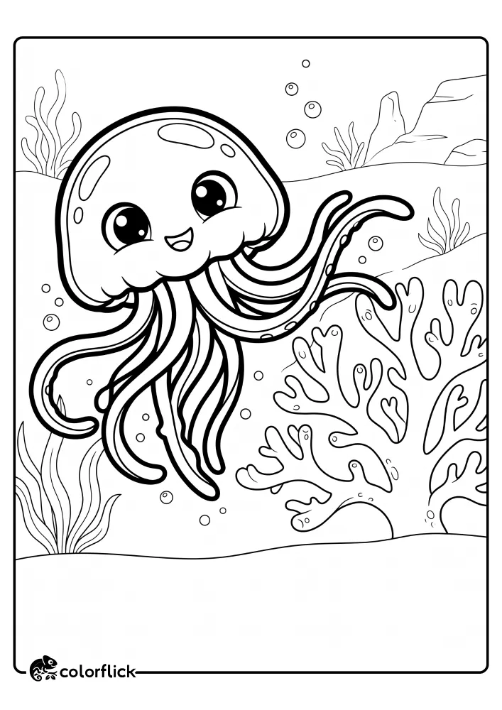 A printable coloring page for kids featuring a cute smiling jellyfish character swimming above a detailed coral reef with bubbles and seaweed in an underwater scene.