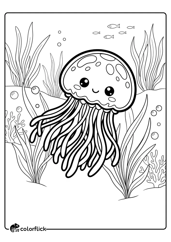 A printable coloring page for kids featuring a cute, happy jellyfish with large eyes swimming through seagrass and coral in the ocean.