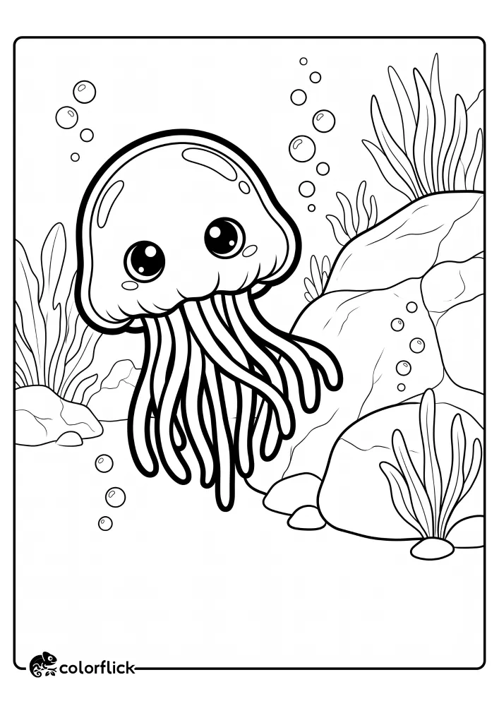 A printable coloring page for kids featuring a cute jellyfish swimming past large rocks with bubbles rising in the water.
