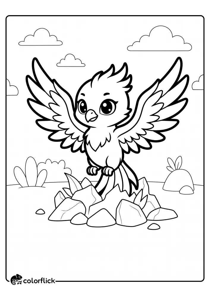 A cute baby phoenix emerging from a pile of rocks with its wings spread wide under simple clouds, featured as a printable coloring page for kids.