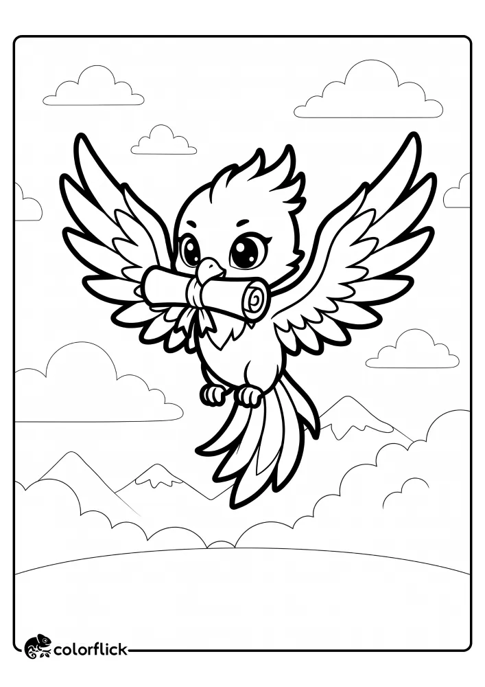A cute, printable coloring page for kids showing a baby phoenix in flight. The small phoenix bird with large wings spread wide is carrying a rolled-up scroll in its beak over a mountain landscape with fluffy clouds. Perfect for children, toddlers, and preschool aged kids.