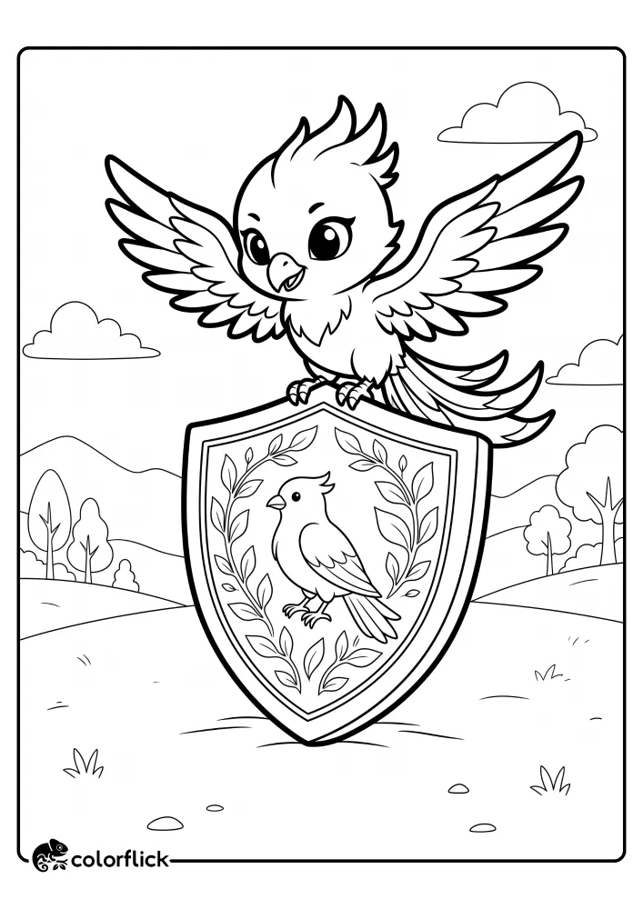 A cartoon mythical baby phoenix is standing on a large heraldic shield containing another bird and leaf wreaths, set against a simple mountain landscape, a printable coloring page for kids.