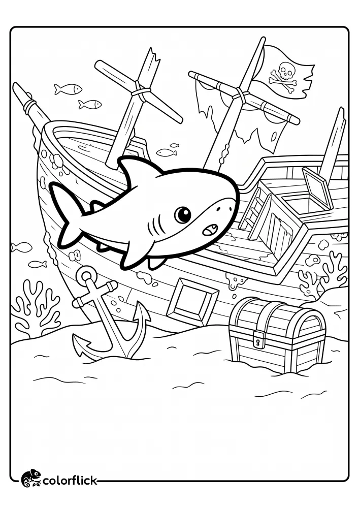 A cute cartoon shark exploring a detailed sunken pirate ship with an anchor and closed treasure chest on the sea floor, a free printable coloring sheet for kids.