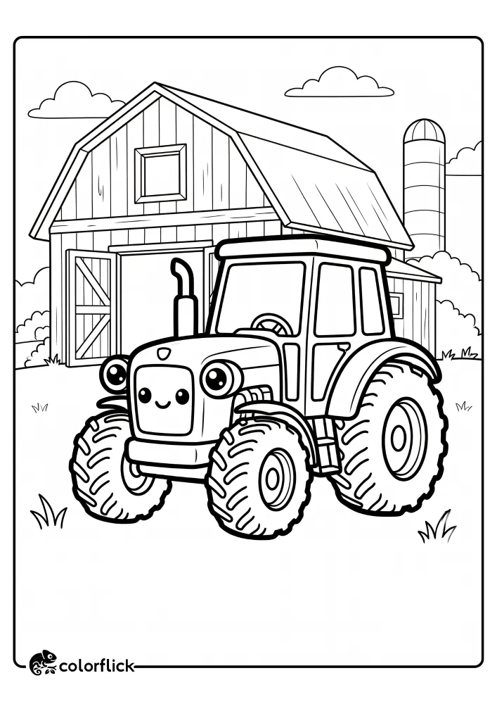 A printable coloring page for kids featuring a cute smiling tractor on a farm in front of a large barn and tall silo.