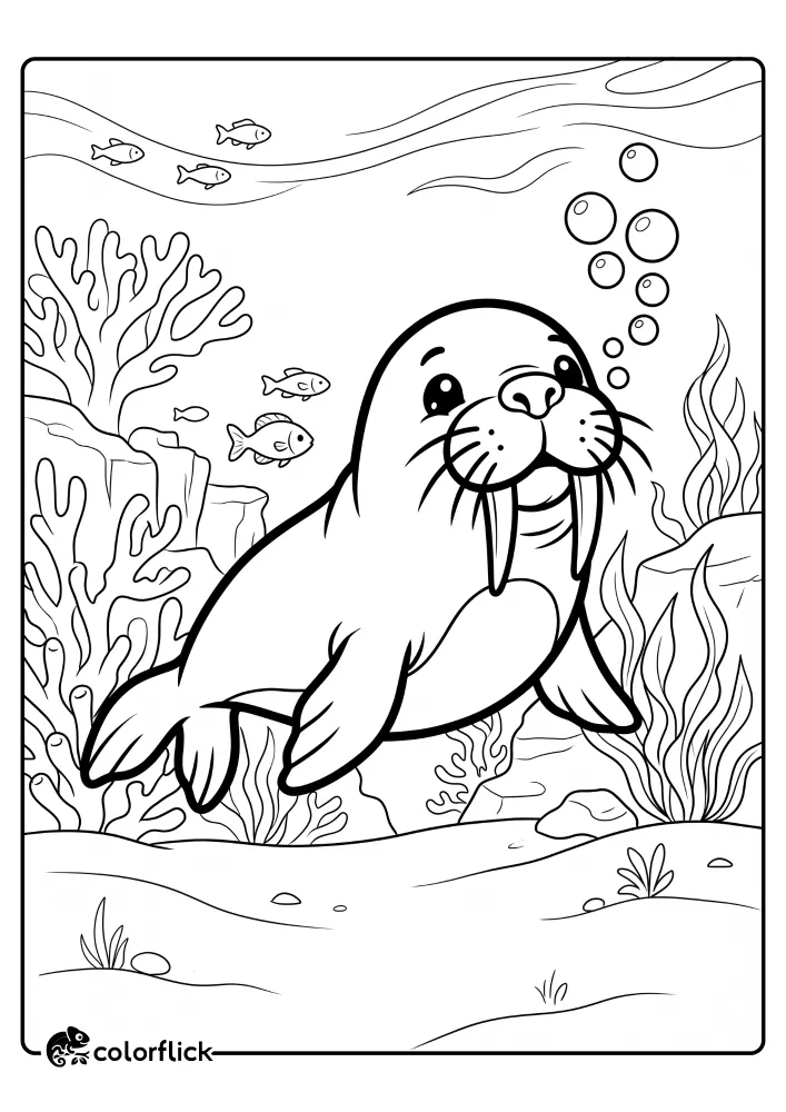 A printable coloring page for kids featuring a happy cartoon walrus with large tusks swimming underwater near coral reefs and blowing bubbles.
