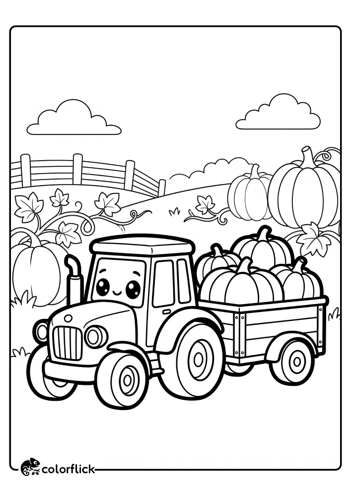 A cute cartoon tractor with big eyes pulling a wooden wagon loaded with large pumpkins through a farm field. This is a free printable coloring sheet for kids.
