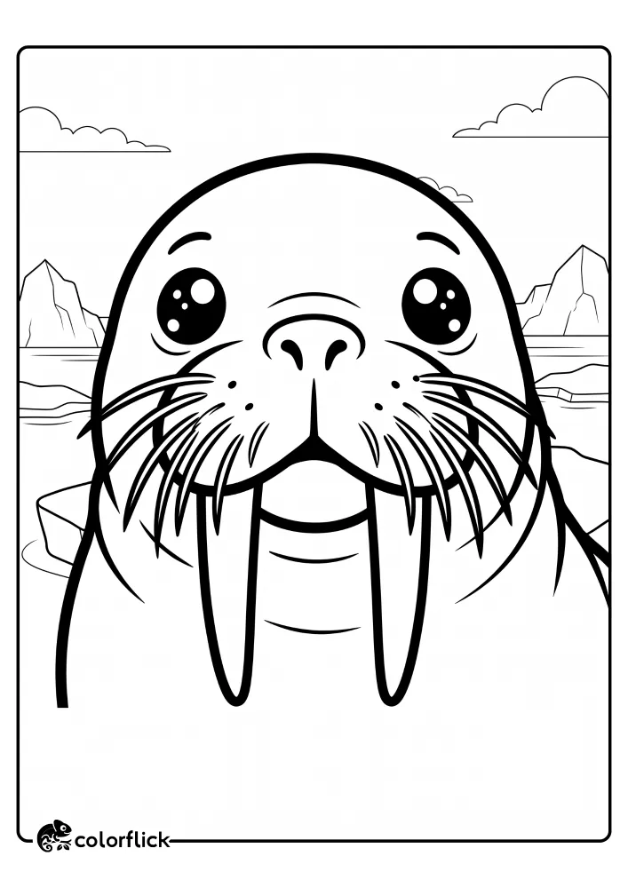 A close-up view of a cute walrus face with large eyes, long tusks, and thick whiskers, framed as a printable coloring page for kids.