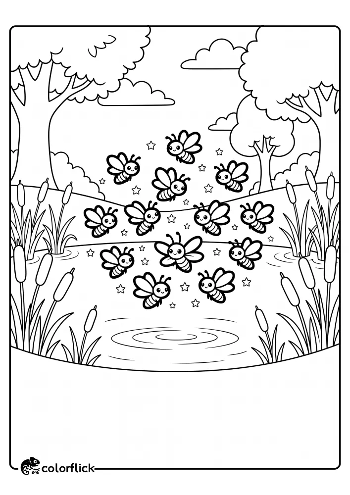 A swarm of cute, smiling cartoon bees with tiny stars flying over a calm pond with cattails and large trees, a printable coloring page for kids.