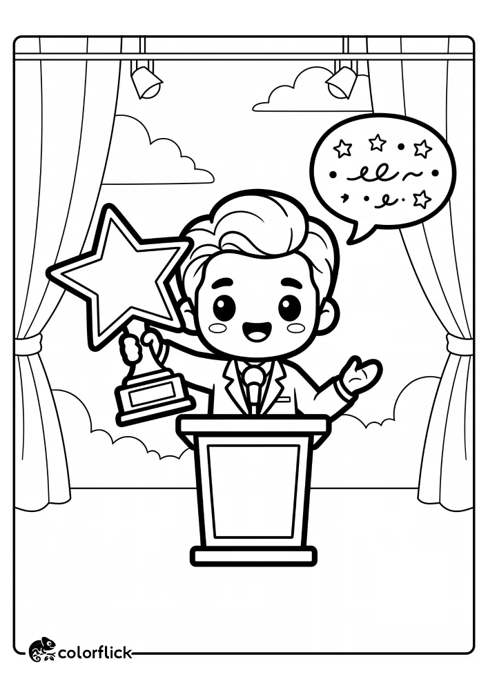 A printable coloring page for kids showing a cute Chibi actor in a suit holding a large star trophy behind a podium, giving a speech on a stage.