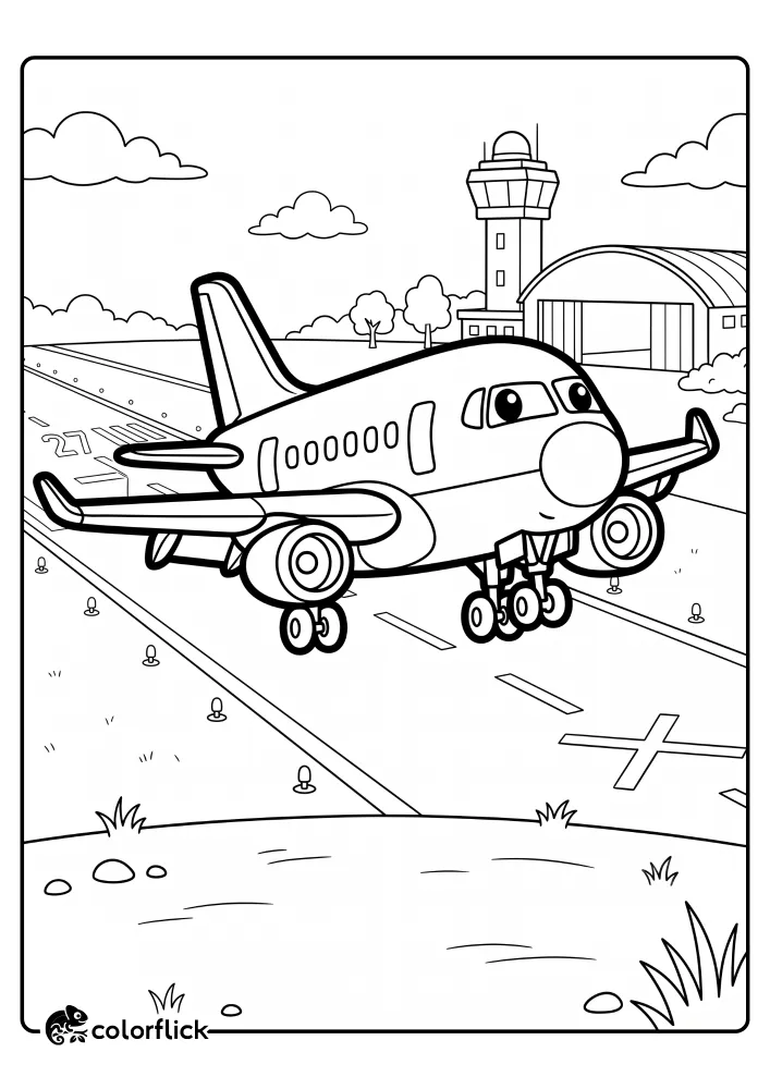 A friendly cartoon passenger airplane with large eyes is landing on a runway, complete with a control tower, hangar, and trees in the background, on a printable coloring page for kids.