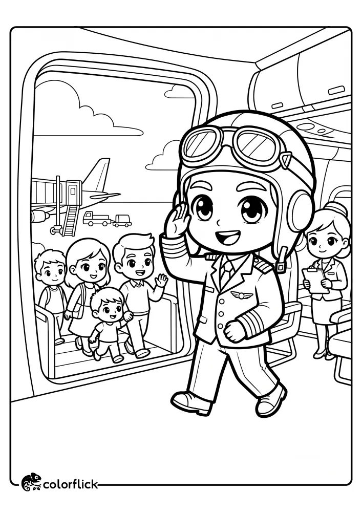 An easy, printable coloring page for kids showing a smiling airplane pilot in a cockpit with goggles, greeting a family of passengers walking down an aisle, with a plane and airport view outside a large window. A cabin attendant holds a clipboard.