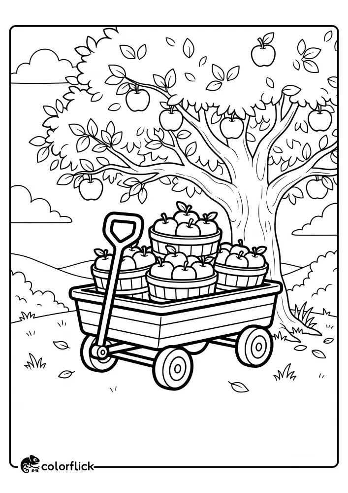 An easy coloring page illustration showing a small wooden utility wagon overflowing with baskets of harvested apples, parked under a large apple tree. Free printable coloring sheet for kids.