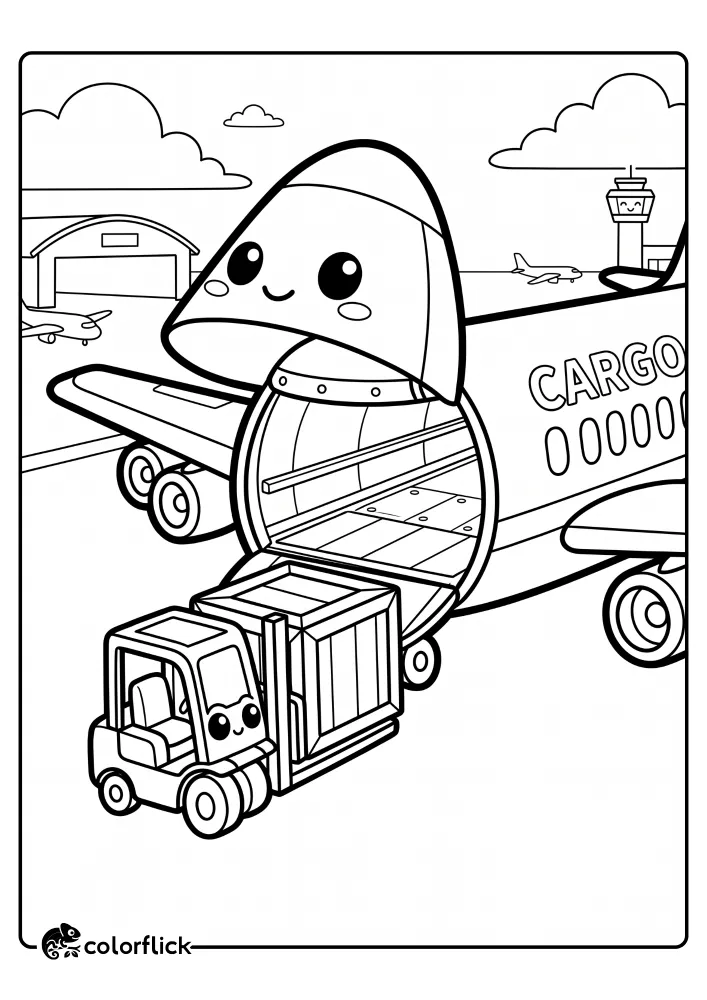 A printable coloring page for kids showing a large, smiling cargo plane with its nose open like a hood, and a little forklift lifting a big crate. Background shows an airport tower and hangar. Easy-to-color, free printable coloring sheet.