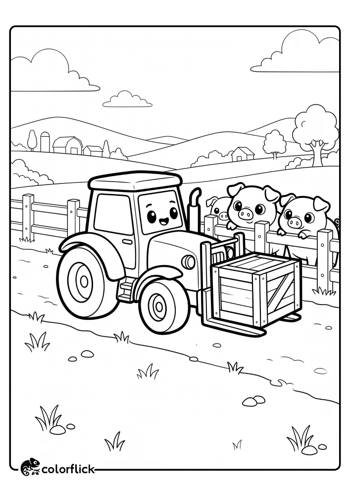 A friendly cartoon tractor with a forklift lifting a wooden crate drives past a fence with three curious pigs, featured as a printable coloring page for kids.