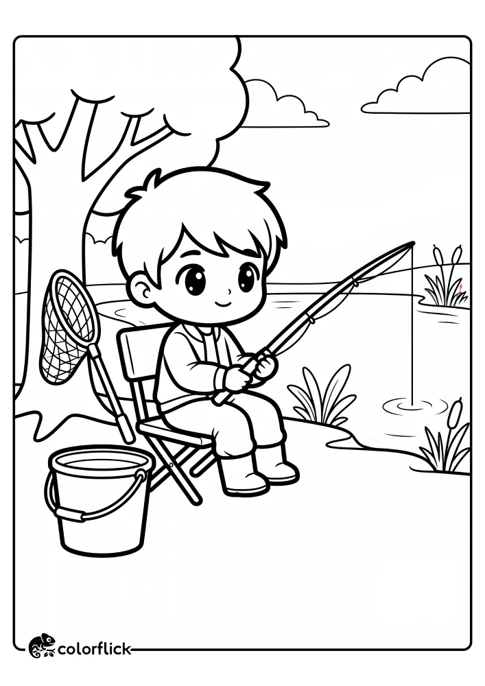A line art drawing of a young child sitting in a chair holding a fishing rod by a pond, a printable coloring page for kids.