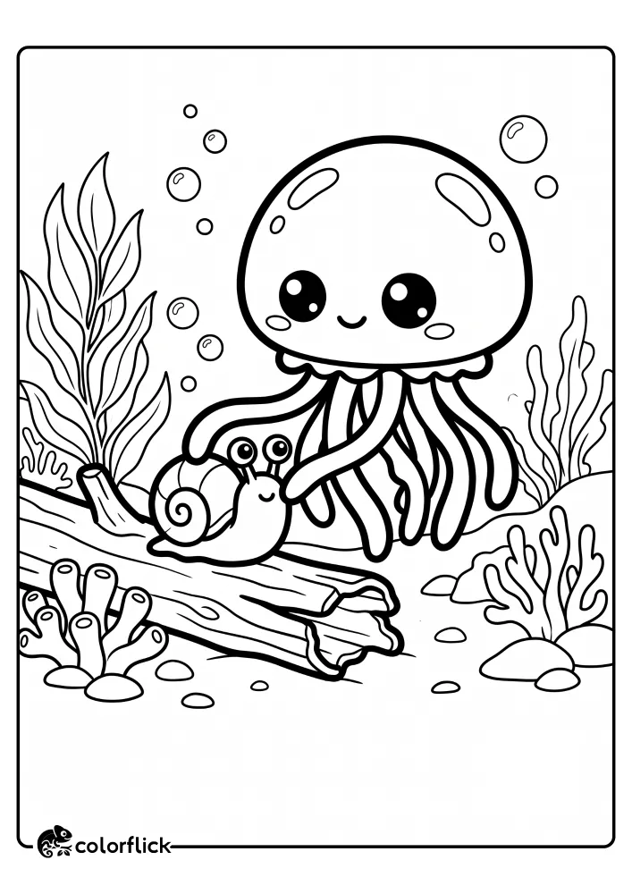 A cute printable coloring page for kids featuring a large jellyfish holding a small sea snail on a piece of underwater driftwood, surrounded by sea kelp and coral formations.
