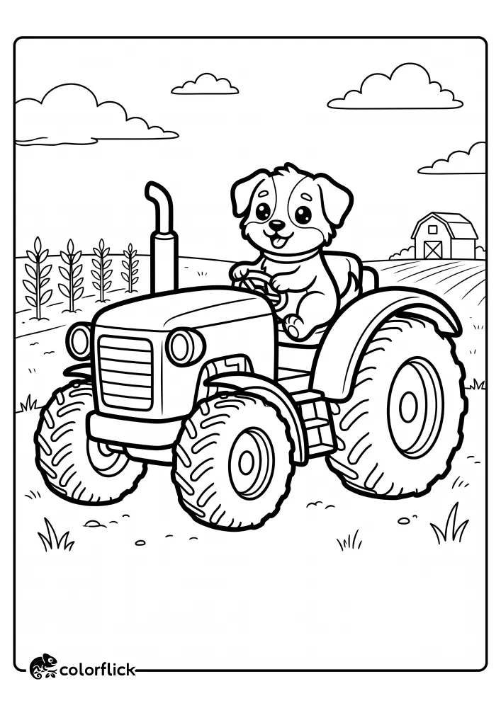 A cheerful cartoon puppy in a large farm tractor driving on a farm, with a barn and fields in the background. A friendly dog printable coloring page for kids to enjoy.