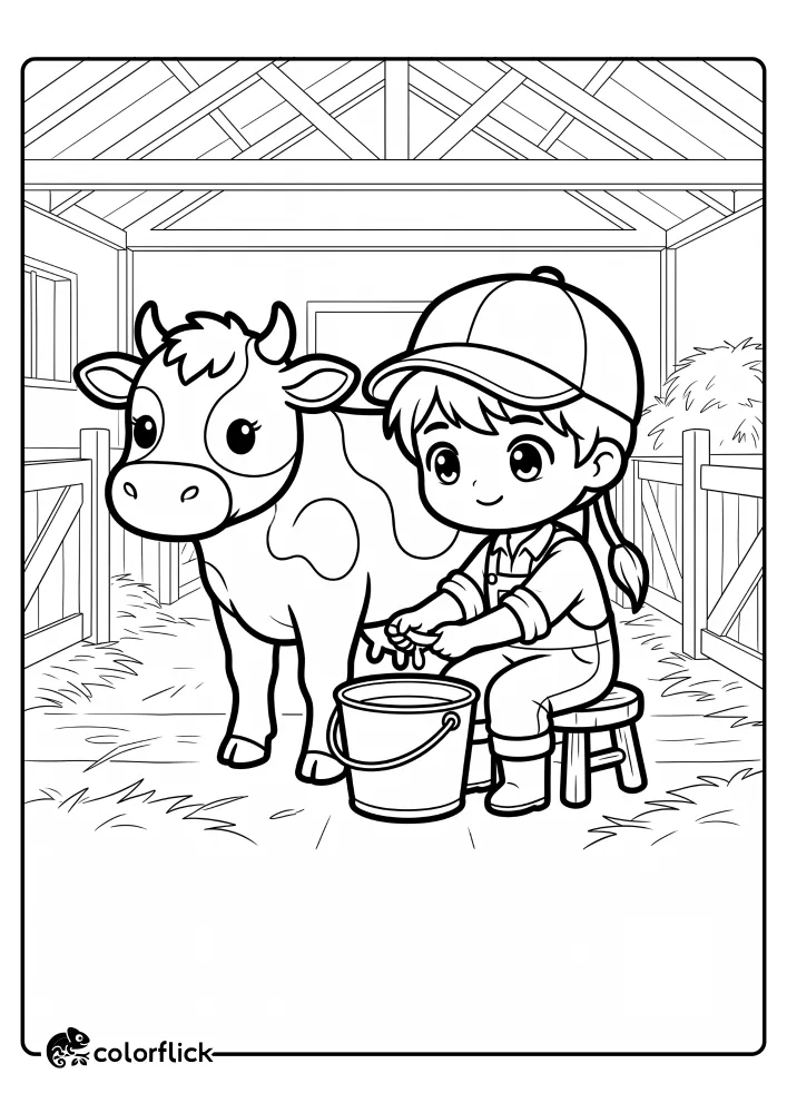 A little farm girl sitting on a small wooden stool inside a barn, gently milking a friendly cow into a metal bucket, in a simple printable coloring page for kids.