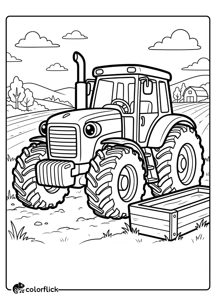 A friendly-looking farm tractor with big tires is parked next to a wooden water trough in a farm field, featured as a simple and easy printable coloring page for kids.
