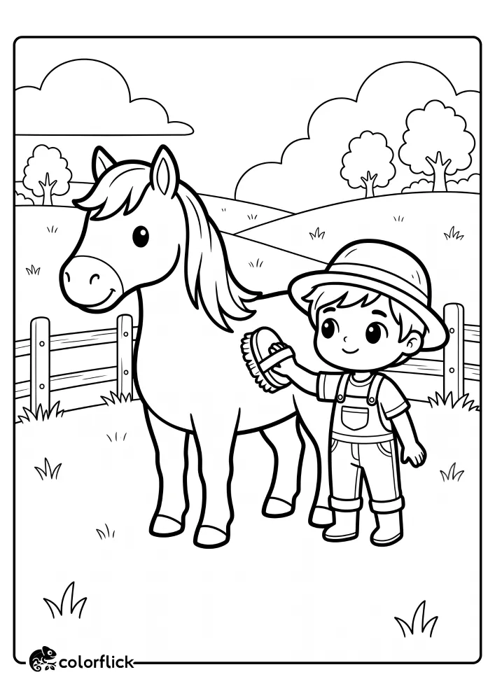A little farmer boy in a hat and overalls is gently brushing a friendly horse in a grassy field, making a cute printable coloring page for kids.