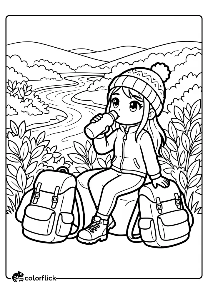 A printable coloring page for kids showing a cute girl hiker in a beanie sitting on a rock, resting and drinking from a water bottle, surrounded by trees and a winding river landscape, with two backpacks beside her.