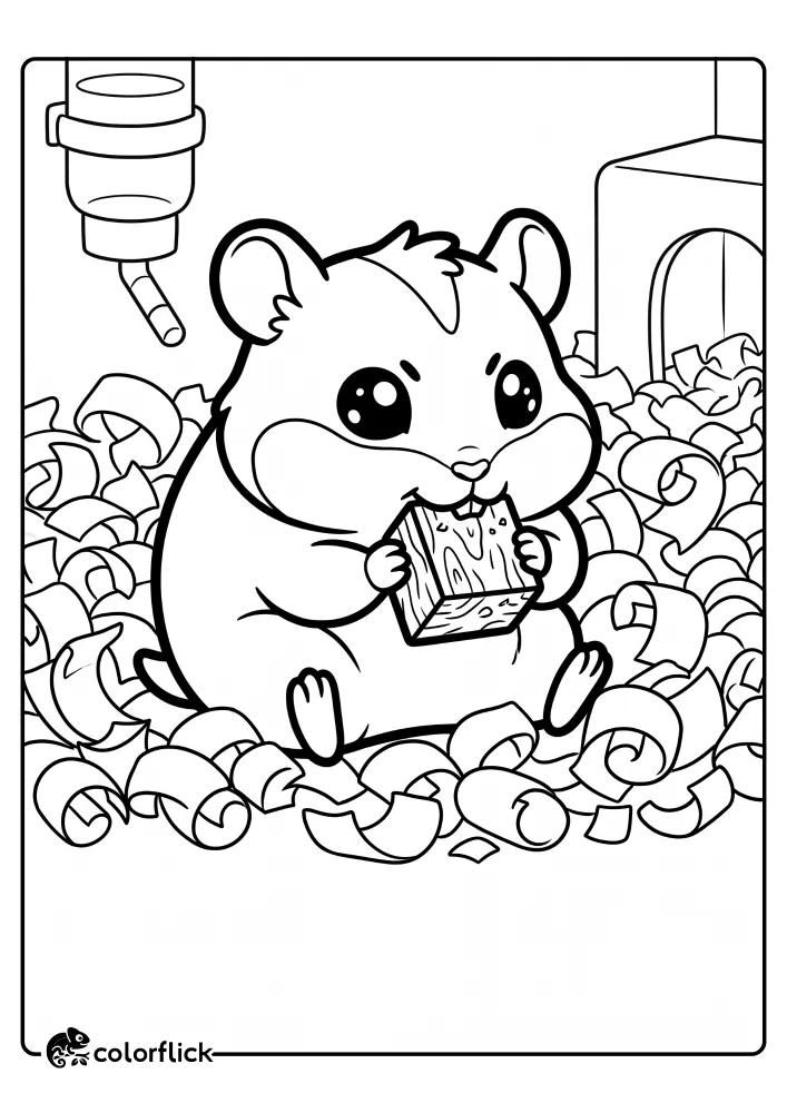 A focused little hamster sitting on paper shavings and chewing a textured wooden block to keep its teeth healthy, a fun printable coloring page for kids.