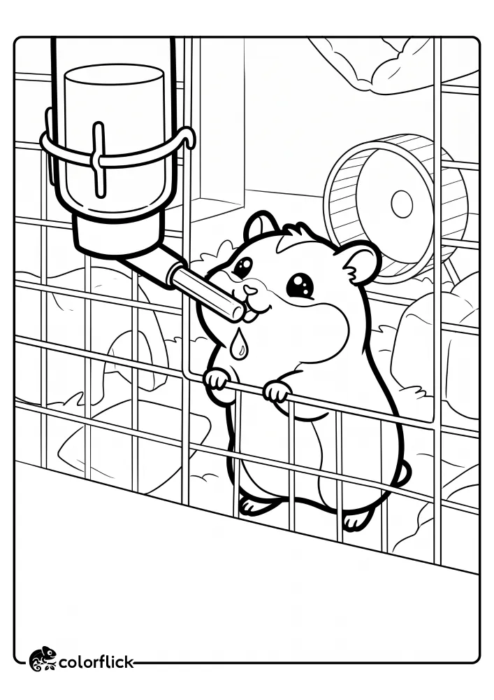 A cute hamster standing up to drink from a water bottle inside a wire cage, a simple printable coloring page for kids.