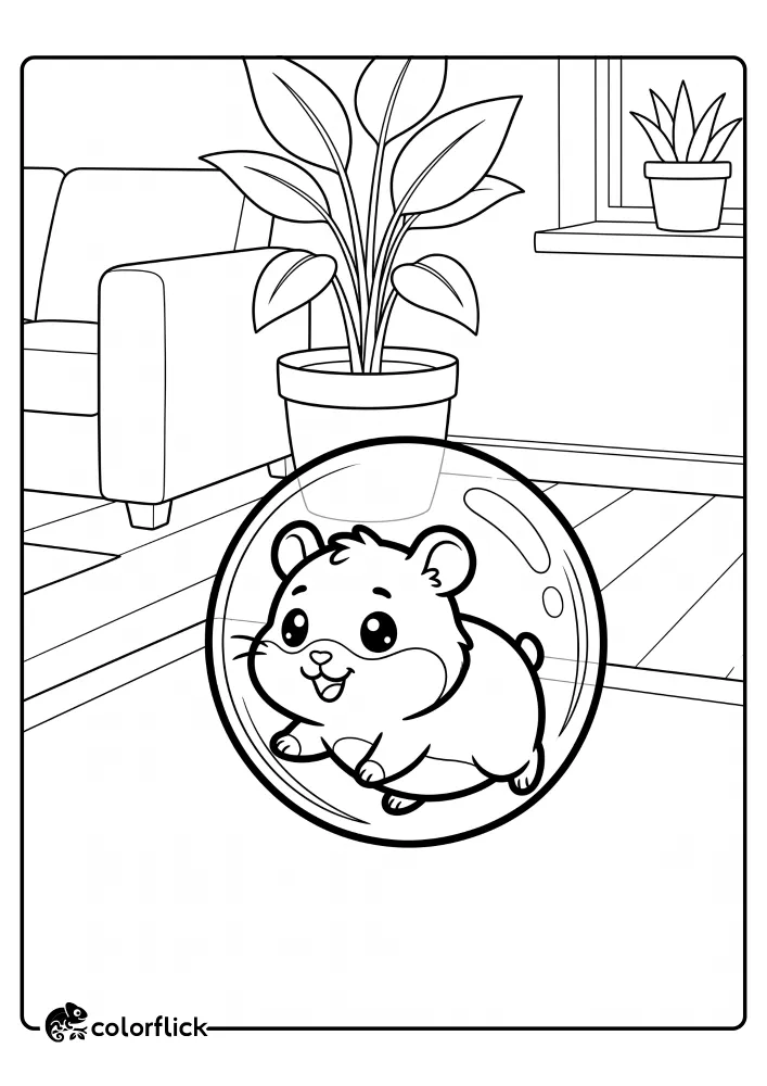 A happy pet hamster inside a clear exercise ball rolls across a living room floor, past a large potted plant and a window, printable coloring page for kids.