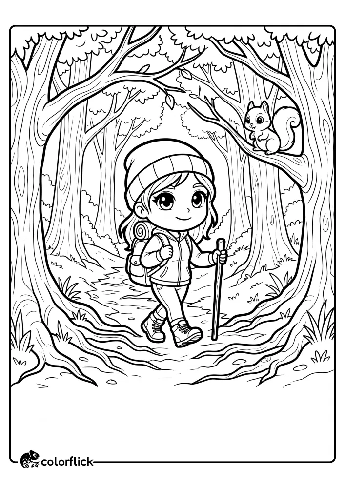 A cute girl hiking with a backpack and walking stick along a tree root path in the woods watched by a squirrel, printable coloring page for kids.