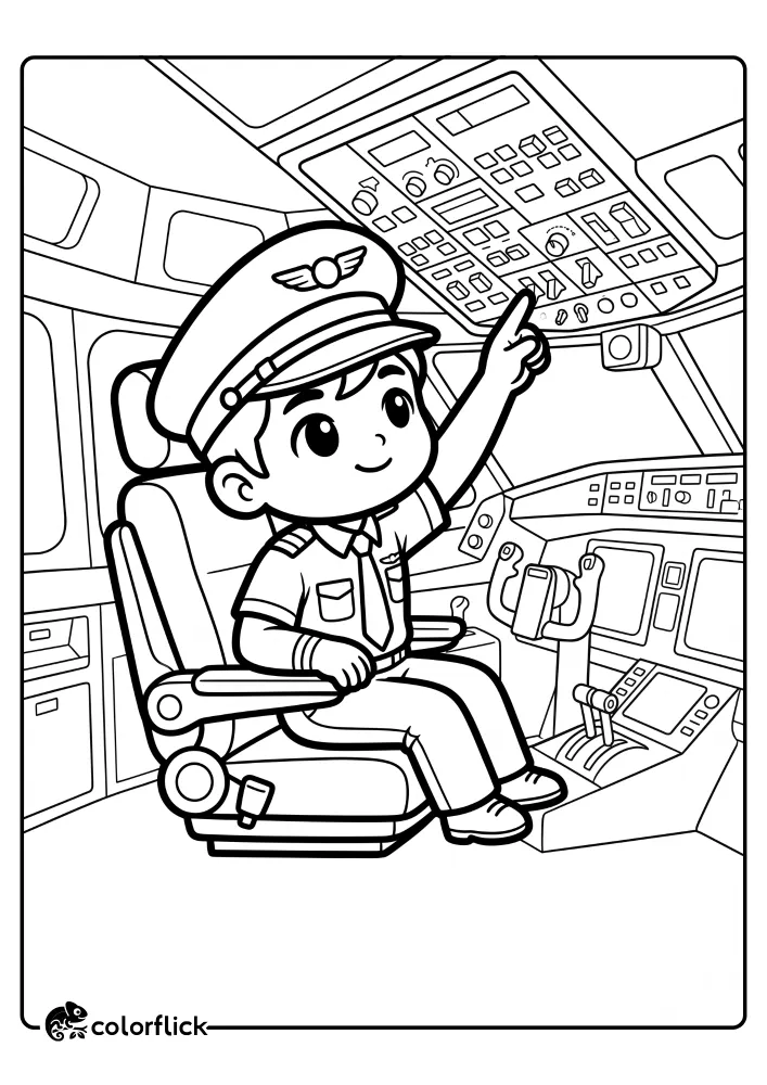 An easy line art drawing of a young pilot sitting in a detailed cockpit and pointing up at the overhead control panel, a free printable coloring sheet for kids to enjoy.