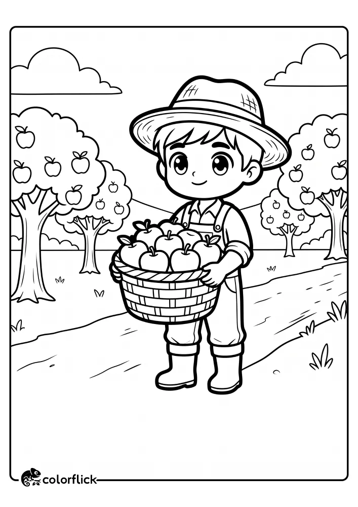 A simple black and white line art illustration of a cheerful child farmer wearing a straw hat and overalls, standing in an apple orchard and proudly holding a woven basket filled with freshly picked apples, perfect as a printable coloring page for kids.