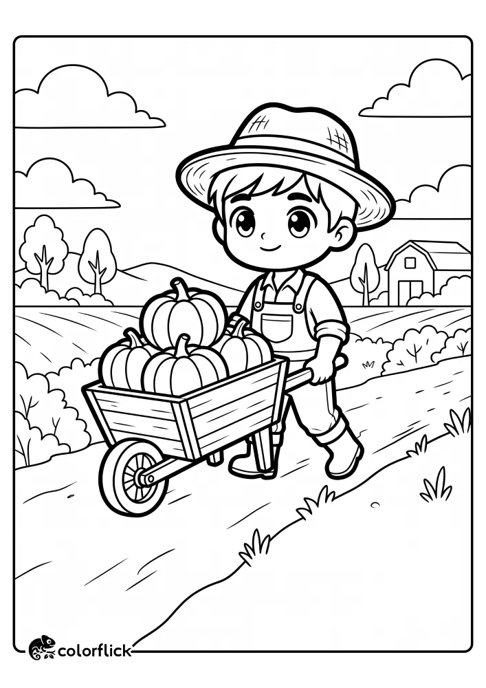 A simple black and white line art illustration of a cute child farmer wearing a straw hat and overalls, pushing a wooden wheelbarrow filled with large round pumpkins on a dirt path in a farm field, perfect as a printable coloring page for kids.