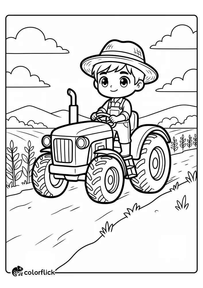 Simple black and white line art of a young farmer in a straw hat and overalls happily driving a large tractor through a farm field, perfect as a printable coloring page for kids.