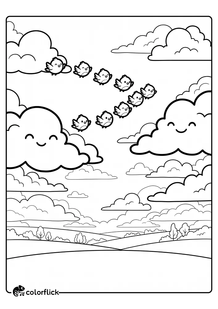 A flock of small, cute birds with happy faces flies in a formation across a cloudy sky. The image features rolling hills and smiling clouds. A perfect free printable coloring sheet for kids to enjoy.