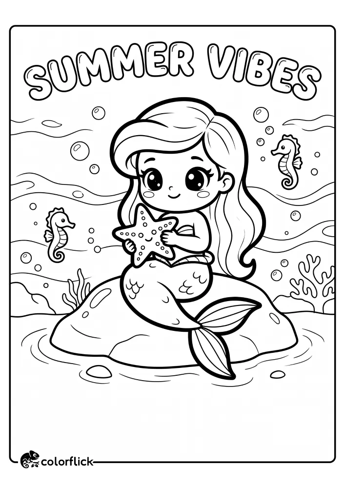 A printable coloring page for kids featuring a cute mermaid sitting on a rock, holding a starfish, surrounded by seahorses and bubbles. The text 'SUMMER VIBES' in bubbly letters floats above her in the ocean.