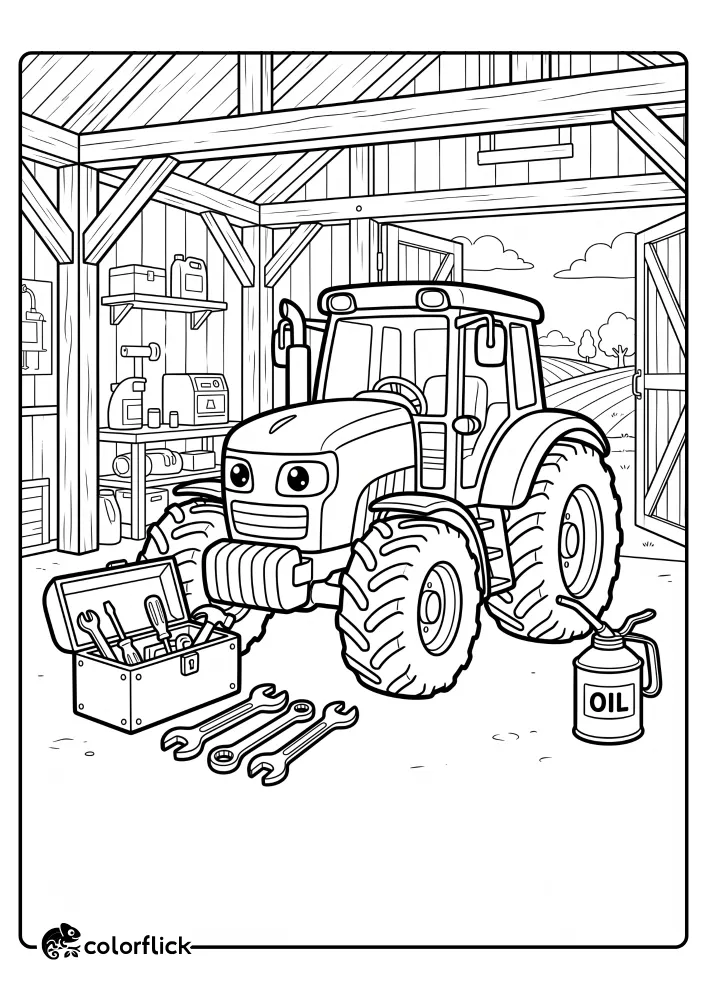 A cute cartoon tractor with big eyes parked inside a barn workshop, with a toolbox, wrenches, and an oil can nearby. Free printable coloring page for kids.